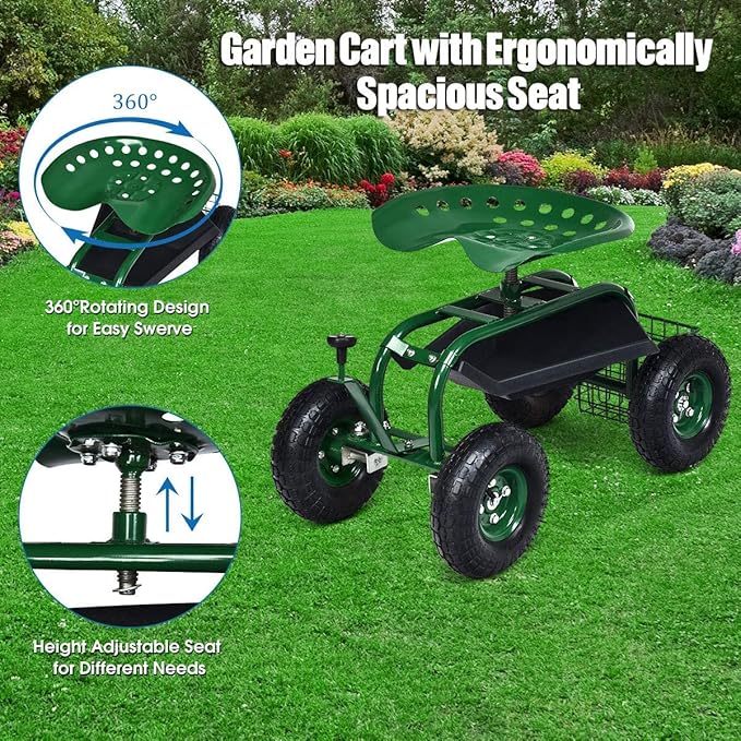 GRAFFY Garden Cart w/Wheels Mobile Rolling Work Seat w/Tool Tray and Basket Lawn Wagon Cart with Rotating and Adjustable Seat Patio Yard Stool Cart Green
