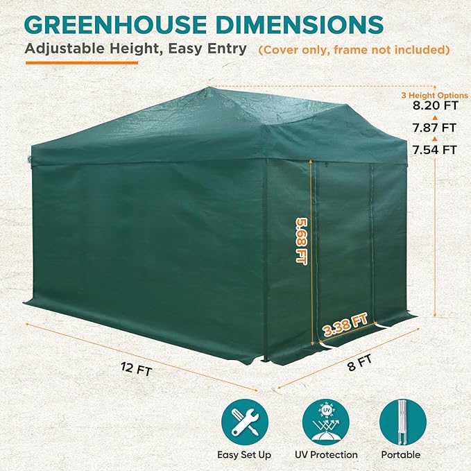 EAGLE PEAK Replacement Mesh Cover for 12x8 Portable Walk-in Pop up Greenhouse Front and Rear Zippered Entry Doors (Frame Not Included) Green
