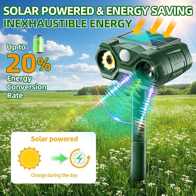 4 Pcs Solar Animal Repellert Outdoor Supplement USB Rechargeable Cat Repeller Outdoor Squirrel Rabbit Fox Adjustable Frequency Deer Repellent Devices with Light and Motion Detection