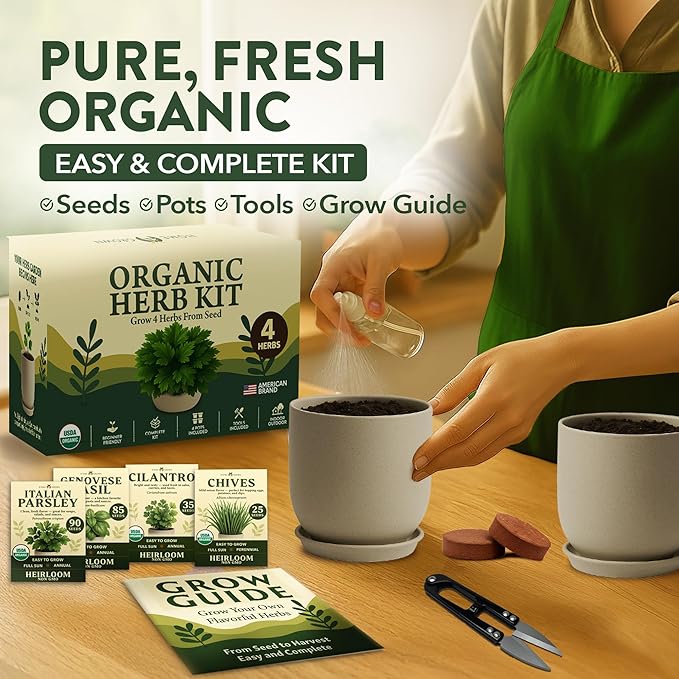 HOME GROWN Indoor Organic Herb Garden Kit Unique Valentines Day Gift for Adults Men &amp WomenGrow 4 Herb Seeds for Kitchen Window GardenBeginner DIY Hobby Gardening Gift for Plant Lovers Mom &