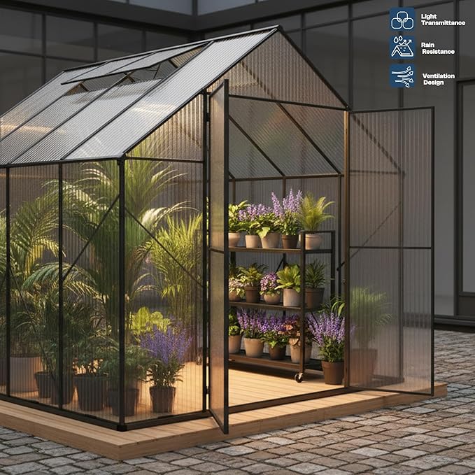Kingdura 8x8ft Walk-in Greenhouse for Outdoors Large Polycarbonate Greenhouses with Heavy Duty Aluminum Frame Adjustable Roof Vent Lockable Door UV Protection for Outside Garden Backyard