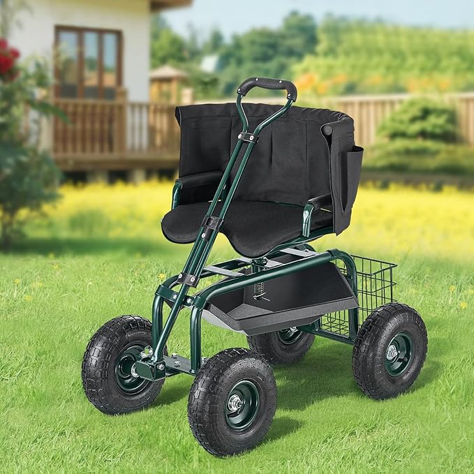 VEVOR Garden Seat with Wheels Rolling Garden Stool with Height Adjustable &amp 360° Swivel Seat 400lbs Weight Capacity Gardening Cart Bench Ergonomic Backrest &amp Tool Storage for Yard Patio