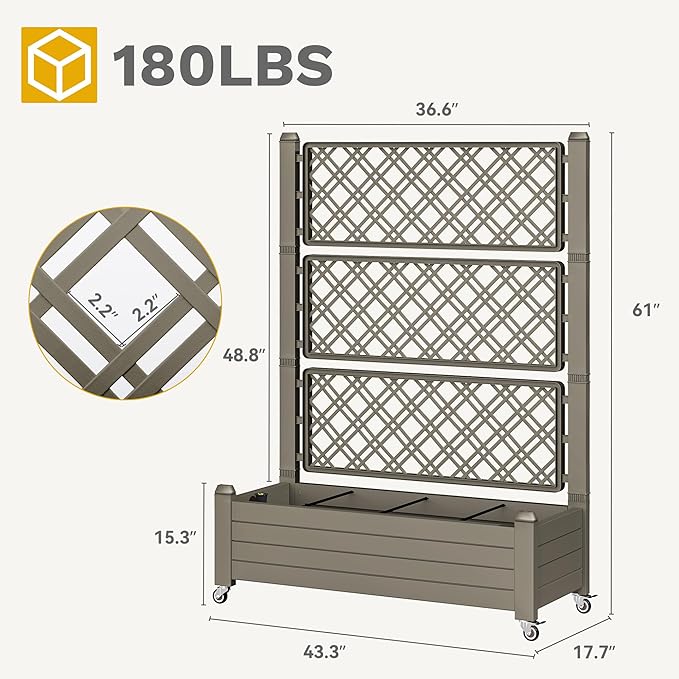 DWVO 3.6 x 1.5 x 5 FT Raised Garden Bed with Trellis Large Outdoor Planter Trellis Box with Drainage Holes and Wheels for Climbing Plants Light Brown