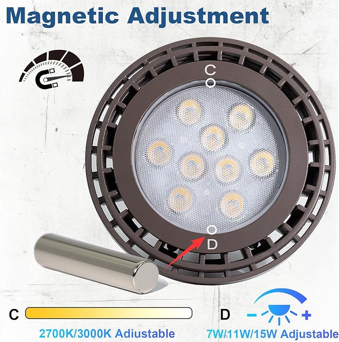 PAR36 LED Landscape Bulb Dimmable Waterproof PAR36 LED Bulb 7W/11W/15W Magnetic Touch Dimming 12V Landscape Lights 2700-3000K 40° Outdoor Spotlight for Outdoor Landscape Lighting 1 Pack