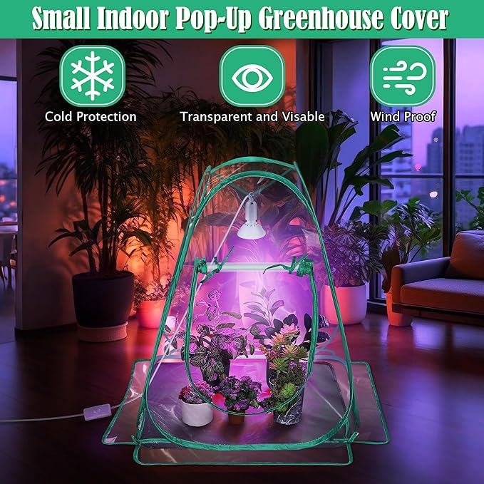 Meonum 2 Pack Mini Greenhouse with 10W 200 LED Grow Light Bulbs for Indoor 27 x 27 x 30 Pop Up Small Greenhouse Cover with Bottom Waterproof Bottom Mat for Indoor Outdoor Plants Seed Starting
