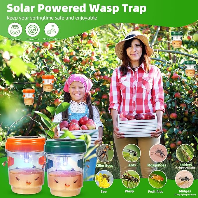 4 Pack Solar Powered Lighted Wasp Trap Outdoor Hanging Hornet Bee Effective Wasp Bee Repellent with Attraction Light