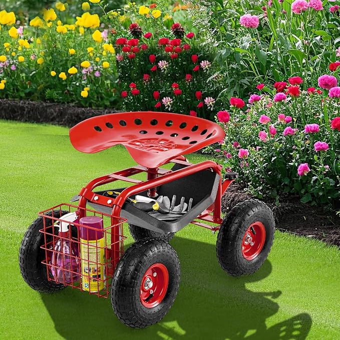 Giantex Garden Workseat 360 Swivel Rolling Seat with Wheels Tools Basket Gardening Cart with Seat Adjustable Height Wagon Scooter for Patio Lawn Yard Outdoor Steerable Stool (Red)