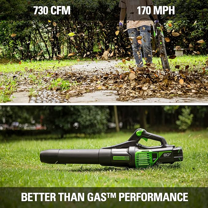 Greenworks 80V (730 CFM / 170 MPH) Cordless Brushless Axial Leaf Blower Everyday Yard Cleanup for Driveways &amp Patios Lightweight Battery and Charger not included
