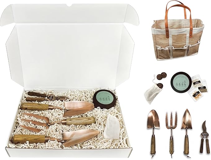 Copper Gardening Tools Gift Set Over 1700 Non GMO Vegetable Seeds Heavy Duty Steel Tools for Planting Garden Tool Kit for Women with Handbag and Coco Coir Soil Pellets Birthday Gardening Gift Box