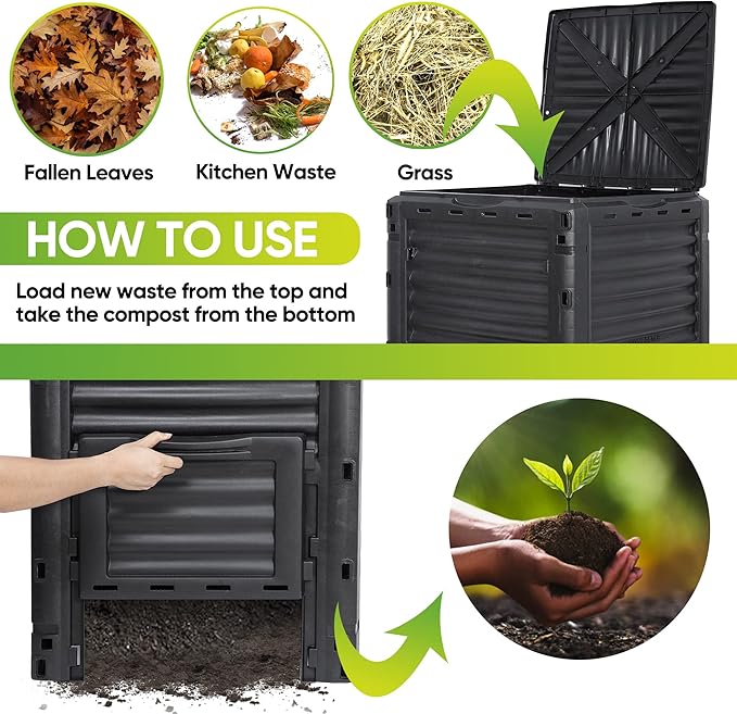 Garden Composter Bin Outdoor 80 Gallon(300L) Compost Container W/Easy Assembly Lightweight Aerating Compost Box for Kitchen Garden Food Waste Recycling Composting Green