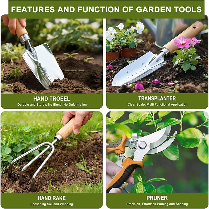Kynup Gardening Tools Garden Tools Set-9 Piece Gardening Gift for Women Gardening Kit Ideal Hand Gardening Spades Thickened Stainless Steel Rust-Proof Garden Supplies Essentials Garden Stuff