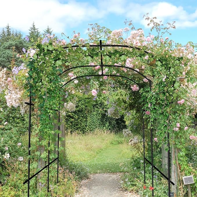 DoCred Tall Garden Arch Trellis for Climbing Plants 87in x 75in Tall Metal Plant Support Trellis Archway for Climbing Vine Vegetable/Fruit/Flower Outdoor Garden Trellis Decoration Black