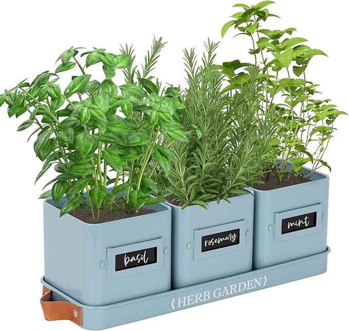 PERFNIQUE Indoor Herb Garden Herb Garden Planter Set with Tray Farmhouse Indoor Plant Pots Windowsill Herb Garden with Drainage(Planter only) for Indoor/Outdoor Window Pots(Sky Blue)