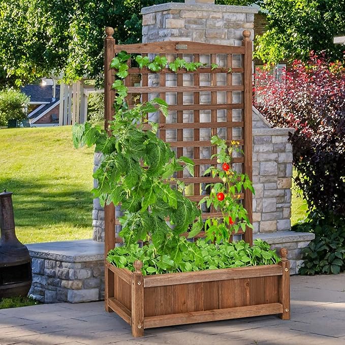 GRAFFY Wood Planter Raised Bed with Trellis Outdoor Raised Garden Bed Planter Box for Climbing Plants w/Drainage Holes Free-Standing Raised Planter for Patio Garden Yard