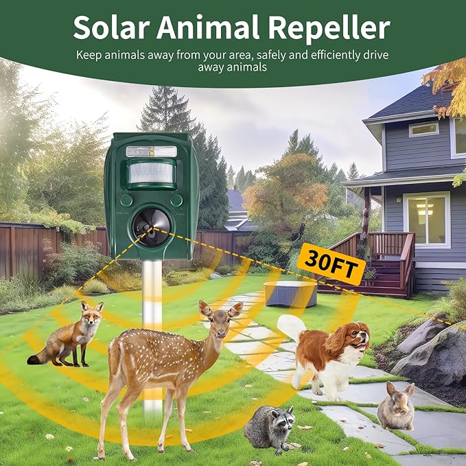 Upgraded Solar Ultrasonic Squirrel Deer Repellent Devices Motion Detection 5 Adjustable Modes Cat Raccoon Rabbit Dog Deterrent Animal Repellent with Waterproof for Yard 2P Dark Green