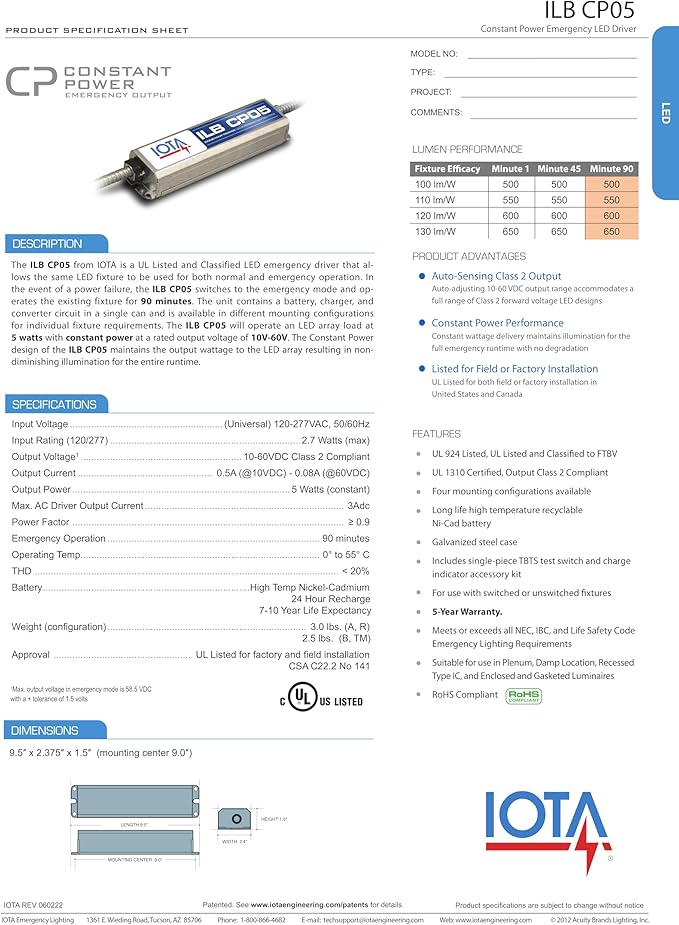 ILB-CP05-HE-B M20 IOTA Emergency Constant Power LED Driver - 5W CEC-Compliant | 90 minute emergency operation