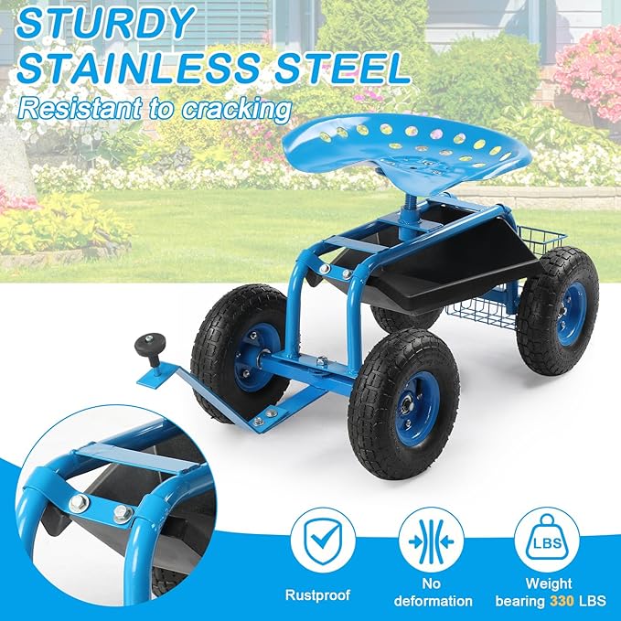 Garden Cart Gardening Stool for Planting Rolling Garden Work Seat with Wheels Swivel Seat Garden Scooter with Steering Handle &amp Tool Tray Garden Chair Blue