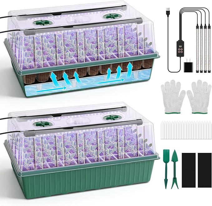 BlumWay 120-Cell Self-Watering Seed Starter Tray with Grow Light 1-24H Timer Seed Starter Kit with 4.02 Humidity Dome Seedling Tray for Indoor Plant Starter Plant Germination Trays-Green