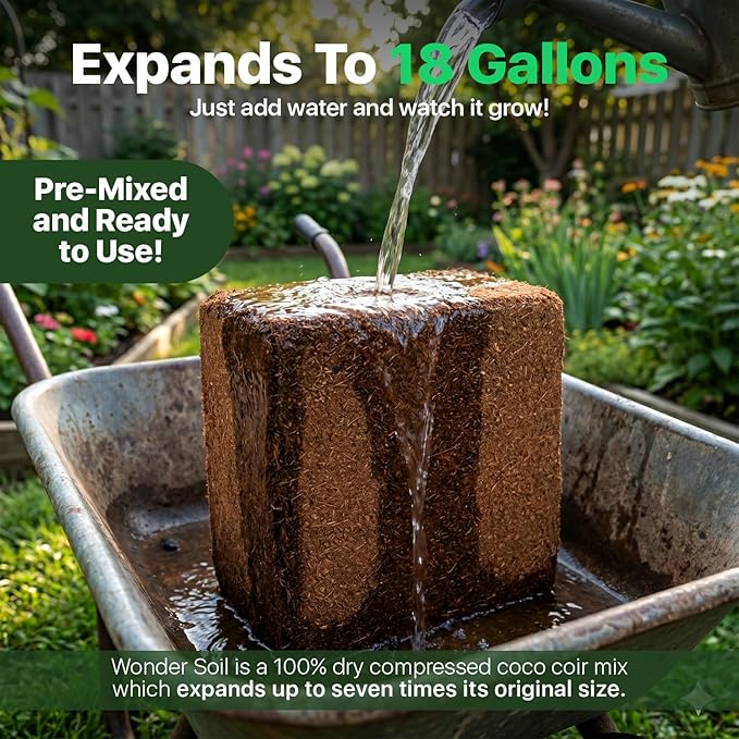 WONDER SOIL | (72 Quarts) The Only Ready to Plant Compressed Coco Coir Fully Loaded with Nutrients | Organic Coco Coir Brick/Block | 10 LBS Block Expands to 72 Quarts | Incl Worm Castings &amp Nutrie