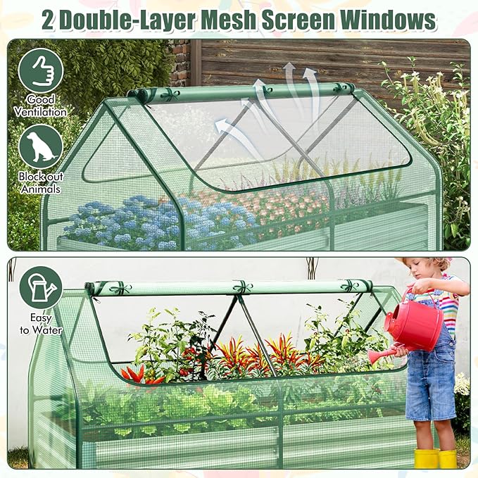Giantex Galvanized Steel Raised Garden Bed with Mini Greenhouse Outdoor Metal Planter Box Kit with Large Roll-up Cover 71x 35.5x 36 Planter Raised Bed for Flower Vegetable Fruit (Green &amp Silv