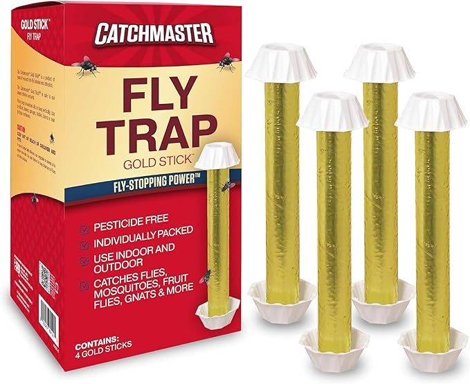 Catchmaster Gold Stick Fly Trap 4-Pk Bug &amp Fruit Fly Traps for Indoors &amp Outdoors Premium Adhesive Mosquito Gnat &amp Bug Catcher Insect Killer Bulk Pest Control for Home