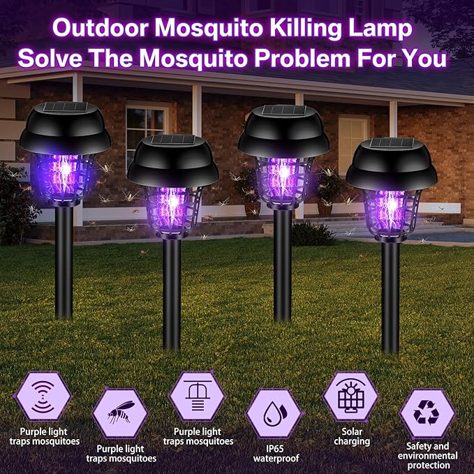 Qualirey 12 Pcs Solar Bug Zapper Outdoor Waterproof Solar Mosquito Zapper Outdoor Solar Powered Mosquito Killer Lamp Mosquito Repellent Lamp for Patio Yard Garden Insect (Purple Light Warm Light)