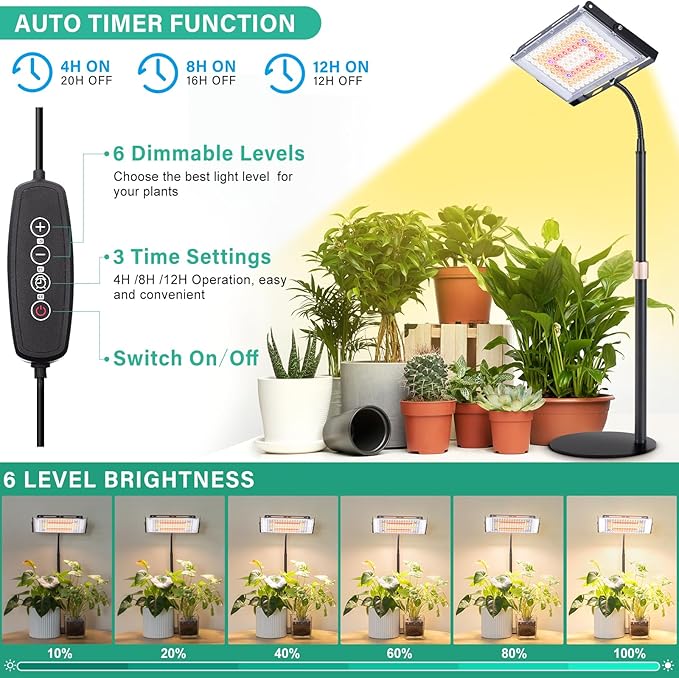 LBW Grow Light for Indoor Plants Full Spectrum Desk LED Plant Light Large Grow Lamp with 4H/8H/12H Timer 6-Level Brightness Height Adjustable Flexible GooseneckIdeal for Indoor Growth