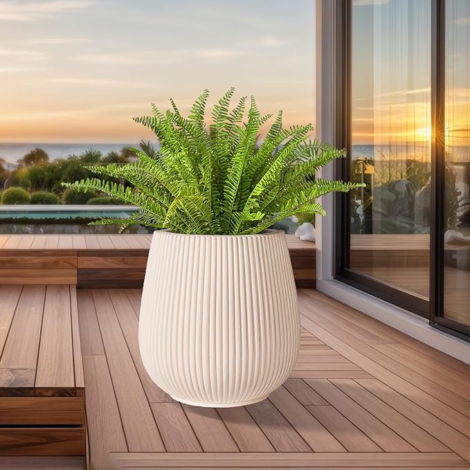 16 Inch Handmade Concrete Outdoor Planter - Classic Striped Design | Fiberglass &amp Composite Material | Durable for Commercial &amp Home Decor