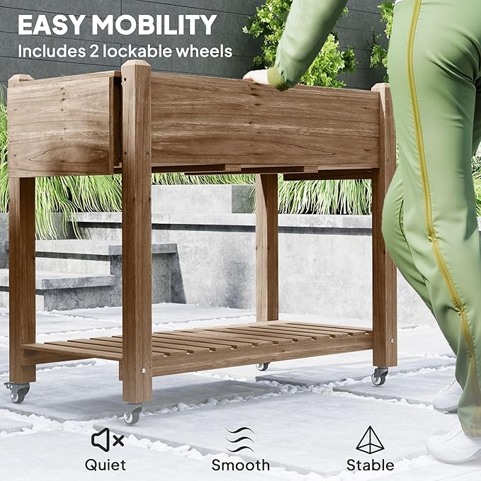 Carbonized Wood Raised Garden Bed Featuring Lockable Wheels Side Shelves Bottom Shelf Hole Drainage Carbonized Surface