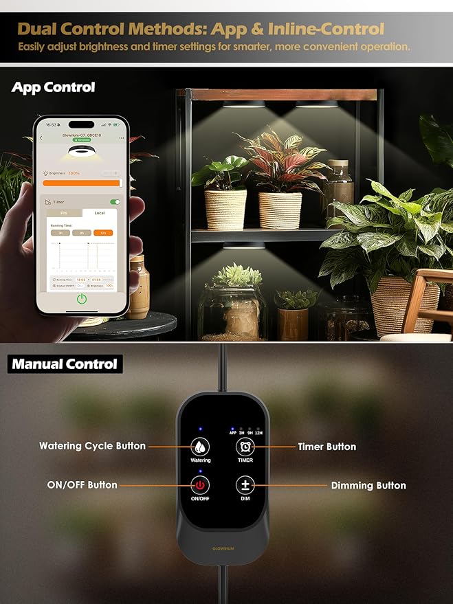 GLOWRIUM Grow Lights for Indoor Plants48W Smart Full Spectrum LED Grow Light Auto Timer and Stepless DimmingPlant Assistant with Watering ReminderModular Design (Black 6 PCS)