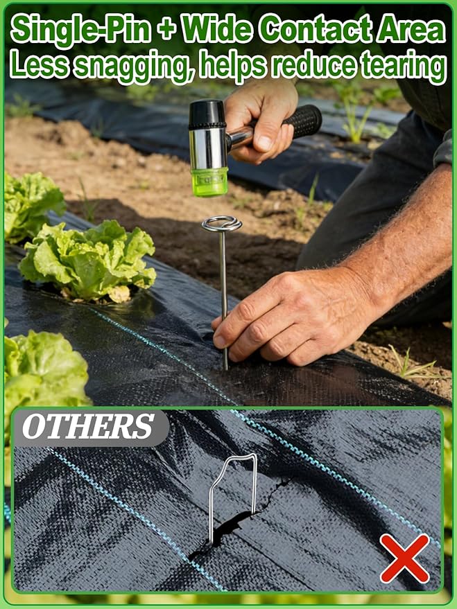 6 Inch Landscape Staples with Hook &amp Hammer - 200pcs Circle Top Weed Barrier Stakes Kit 9 Gauge Galvanized Rust-Resistant Garden Fabric Pins for SOD Garden Edging Install &amp Remove Tools In