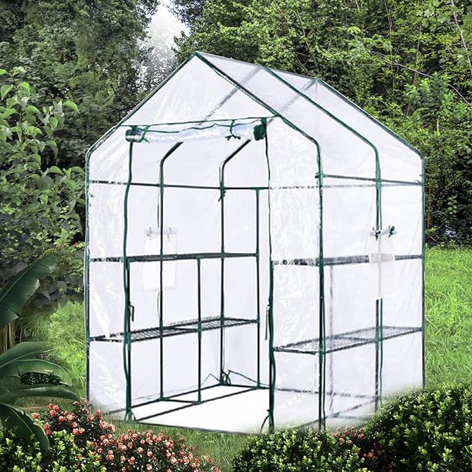 Greenhouse for Outdoor - Walk in Greenhouse with 6 Shelves Heavy Duty Metal Frame Weatherproof Transparent Cover Roll Up Door Gardening House for Plants &amp Seedlings - 56.3 x 56.3 x 76.77 Inch