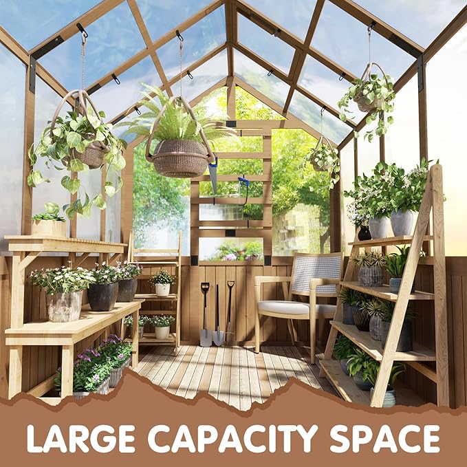 EBE 6'x8' Greenhouse Wooden Walk-in Greenhouse Outdoors with Polycarbonate Panel and Adjustable Roof Vent Garden Greenhouses for Patio Yard and Backyard