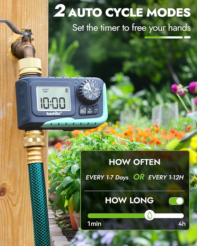 RAINPOINT Sprinkler Timer with Brass Inlet &amp Outlet Programmable Hose Timer for Garden Soaker Hose with Rain Delay/Manual Watering System Digital Drip Irrigation for Yard Lawn(2PCS)