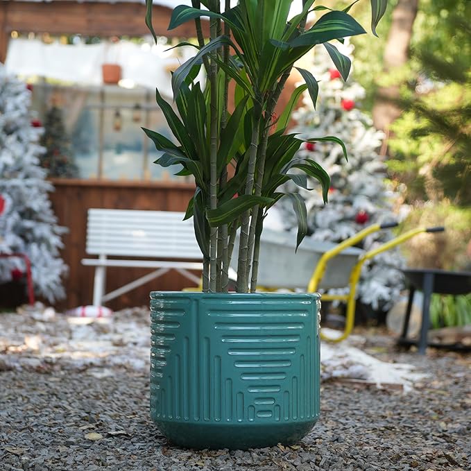 Handmade Ceramic Planter 16 Inch Diameter Teal Green with Textured Groove Pattern for Monstera and Fiddle Leaf Fig IndoorOutdoor Doorway Use Breathable Clay