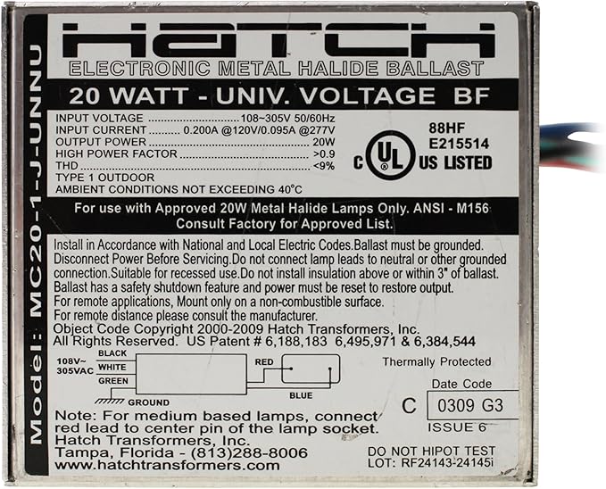 HATCH MC20-1-J-UNNU - 20 Watt - 120/277 Volt - Electronic Metal Halide Ballast - ANSI M156 - Bottom Feed with Studs