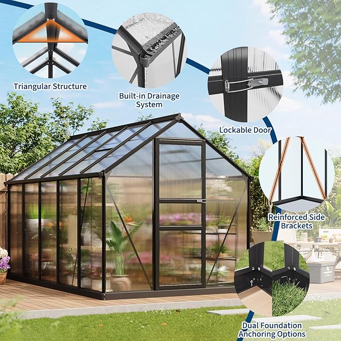 Greenhouse 6×10FT Greenhouses for Outside Walk-in Green House with Ground Nails and Vent Windows Sliding Lockable Door Polycarbonate Green House for Outside Garden Backyard Quick Setup