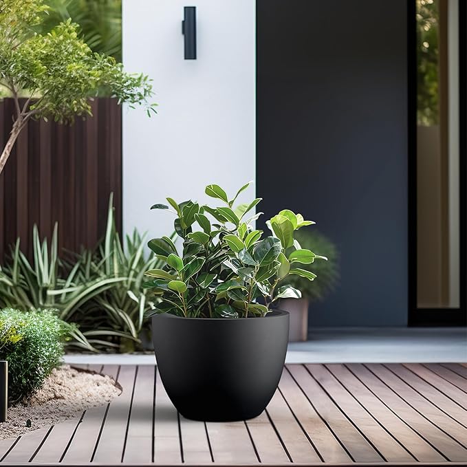 Kante 14.2 Inch Round Concrete Planter - Classic Large Indoor/Outdoor Plant Pot with Drainage Hole and Rubber Plug Suitable for Gardens and Patios Black