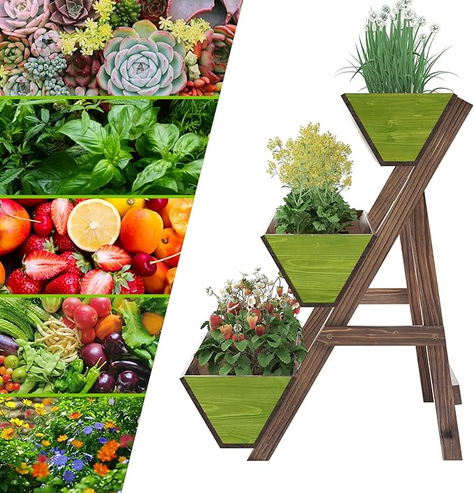 3-Tiers Wooden Raised Garden BedPlanter Box Gardening Outdoor Planter Box Patio Kit Tiered Planter Box Vertical Garden Planter Wood Plant Stand for Patio Balcony Freestanding (Carbonized L)