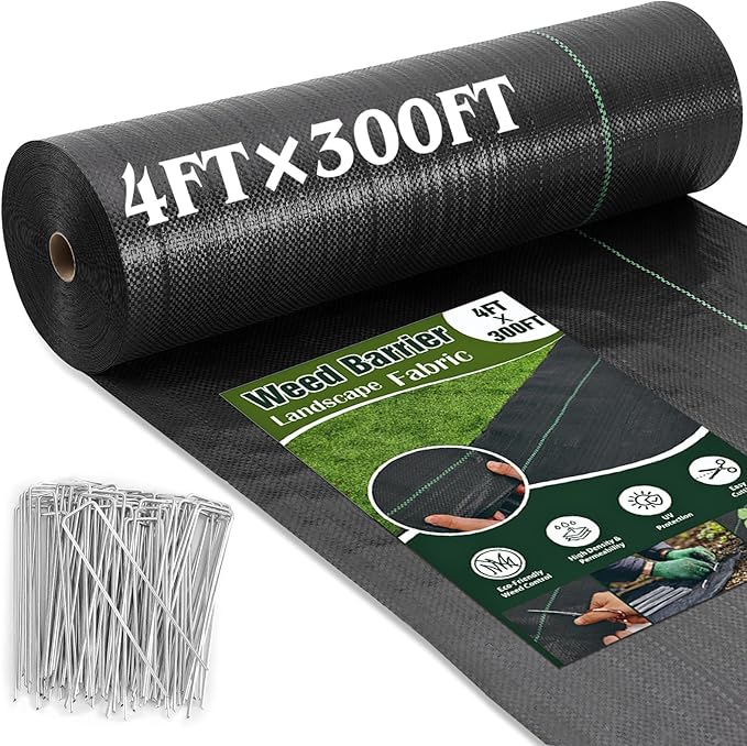 HongWay 4FT x 300FT Weed Barrier Landscape Fabric Heavy Duty Weed Control Garden Cloth with 120 U-Shaped Securing Pegs Woven Weed Blocker Fabric Ground Cover for Garden Beds Commercial Driveway