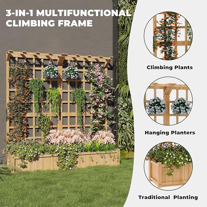 Raised Garden Bed 63 Elevated Wooden Planter Box with Lattice Trellis Wooden Planter Box with Hanging Roof &amp Drainage Holes for Vine Climbing Plants Flower Herb &amp Vegetable