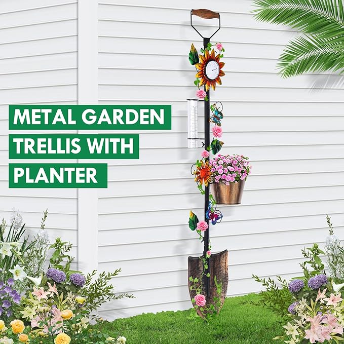 Garden Trellis with Thermometer Rain Gauge Outdoor 55 Inch Shovel Plant Trellis with Planters for Climbing Plants - Decorative for Patio Lawn Yard Backyard