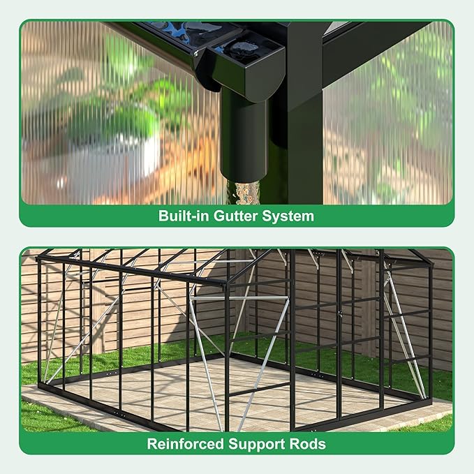WKM 10x12 FT Polycarbonate Greenhouse Enhanced Aluminum Frame Greenhouses for Outdoors Withstands Strong Wind or Snow with Roof Vent Walk-in Green Houses for Outside Garden Backyard Black