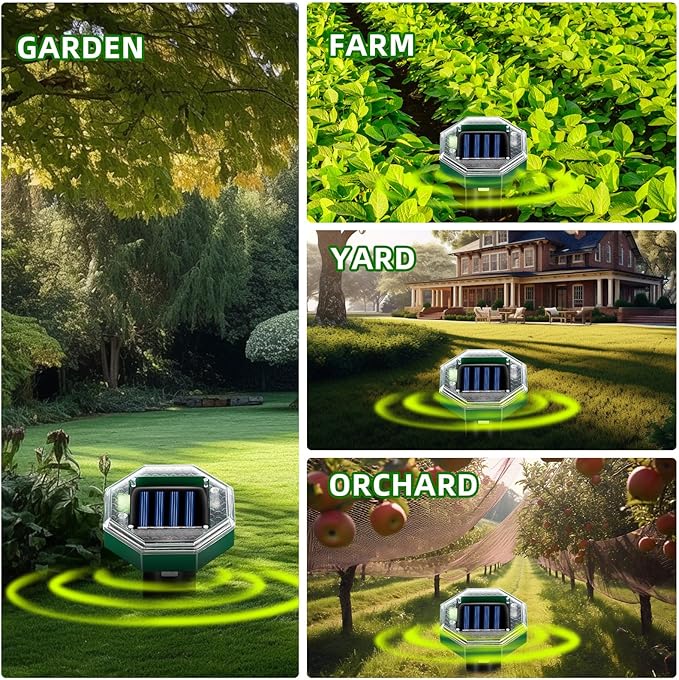 Mole Repellent Solar Powered Gopher Snake Repellent for Yard Lawn Garden IP65 Waterproof Ultrasonic Deterrent Stakes Get Rid for Vole Groundhog Squirrel Rat Mice Rodent Skunk Repellent 8 Pack