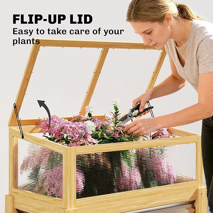 Outsunny Wooden Raised Garden Bed with Detachable Greenhouse Top Raised Garden Bed with Legs and Bed Liner Elevated Planter Box for Flowers Vegetables Herbs Natural