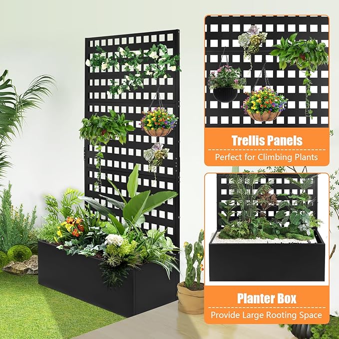 Metal Planter Box with TrellisRaised Garden Bed with35''Lx18''Wx71''Hfor Climbing PlantsVegetables &amp VinesPlanter with Trellis &ampDrainage Holes Privacy Planters (35''Lx18''Wx71''H)
