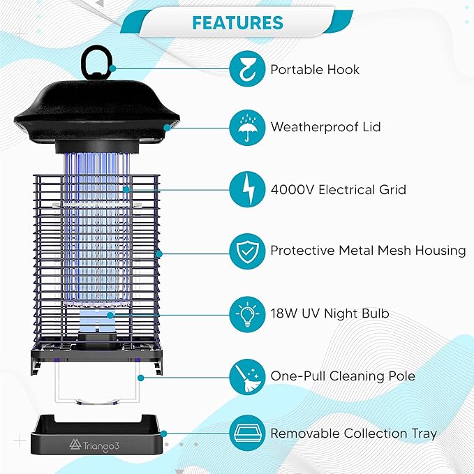 Bug Zapper Outdoor Waterproof – 18W Lamp Outdoor Fly Traps – Compact and Ergonomic IPX4 Mosquito Killer Outdoor – Special Cleaning Mechanism – Ideal for Yard Patio Balcony