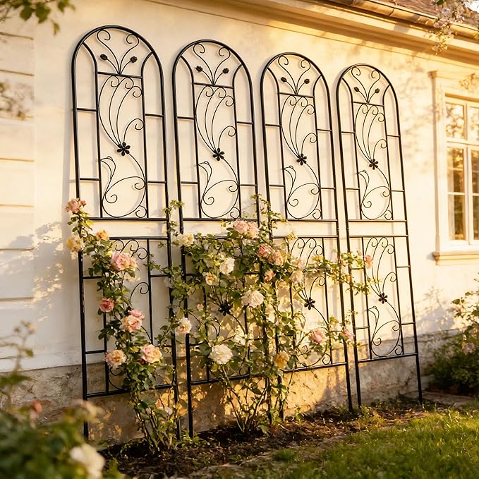 4 Pack Large Garden Trellis Heavy Duty Rustproof Iron Plant Trellis for Potted Plant Support Metal Climbing Rose Trellis Vine Vegetable CucumberBlack-86.7 H x 19.7 W