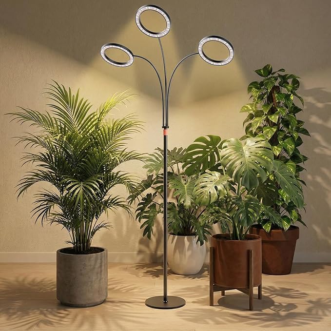 Grow Lights for Indoor Plants with Timer Three-Heads 63 Inch Vertical Grow Light Full Spectrum 216 LEDs 48W 3/6/12H Auto On/Off 3 Light Modes 10-Level Dimmable Gooseneck Standing Plant Lamp