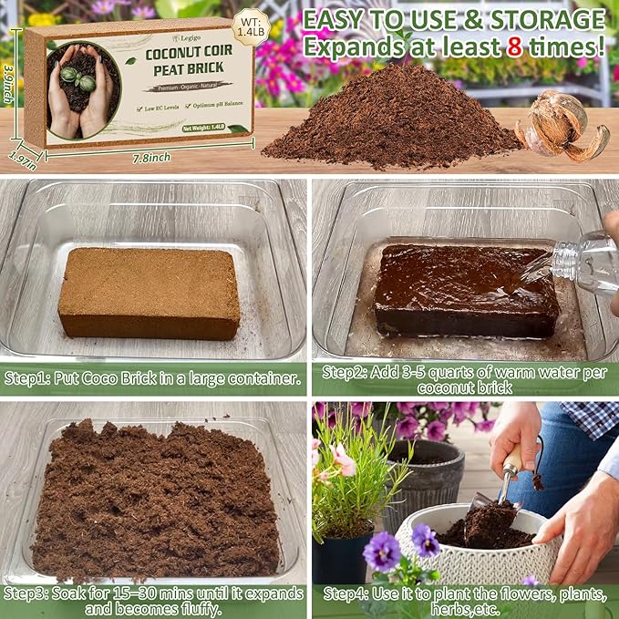 Legigo 6 Pack Premium Coco Coir Brick for Plants- 100% Organic Compressed Coconut Coir Bricks Starting Mix Coco Coir Fiber Coconut Husk for Planting Gardening Potting Soil Substrate Herbs